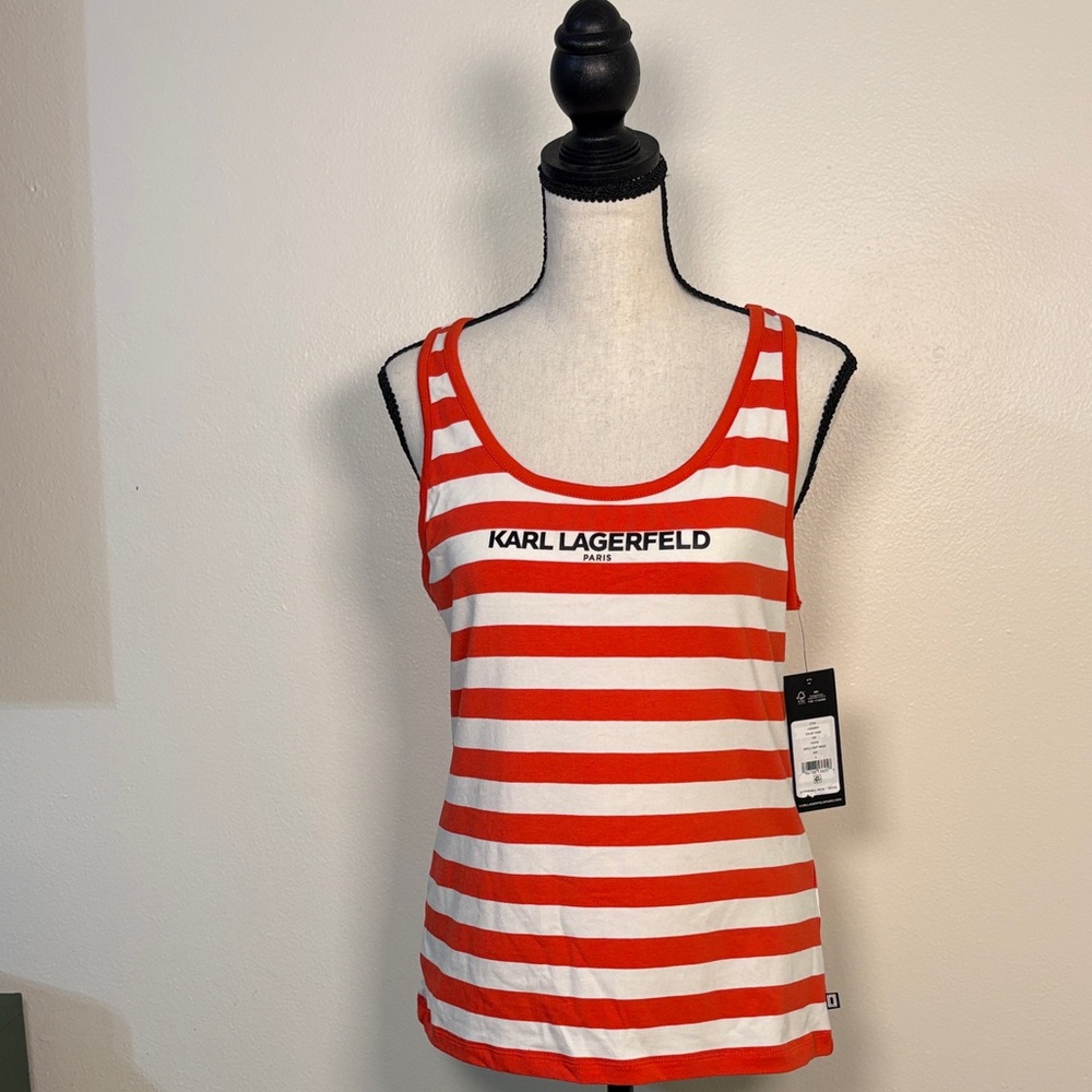 Karl Lagerfeld Red & White Striped Scoop Neck Tank